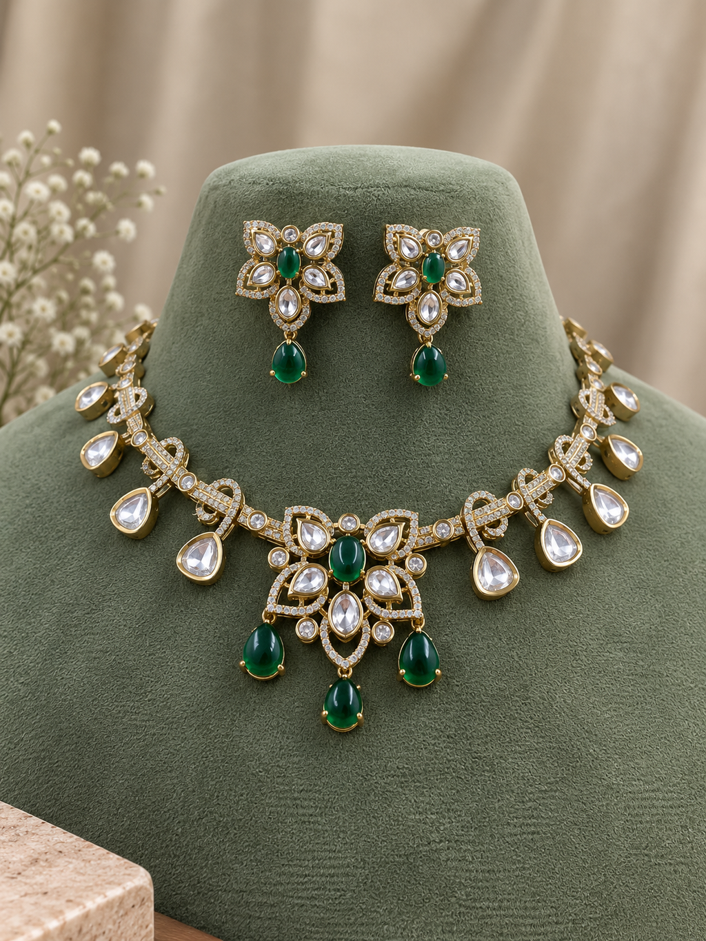 Vritika Emerald Kundan Necklace Set