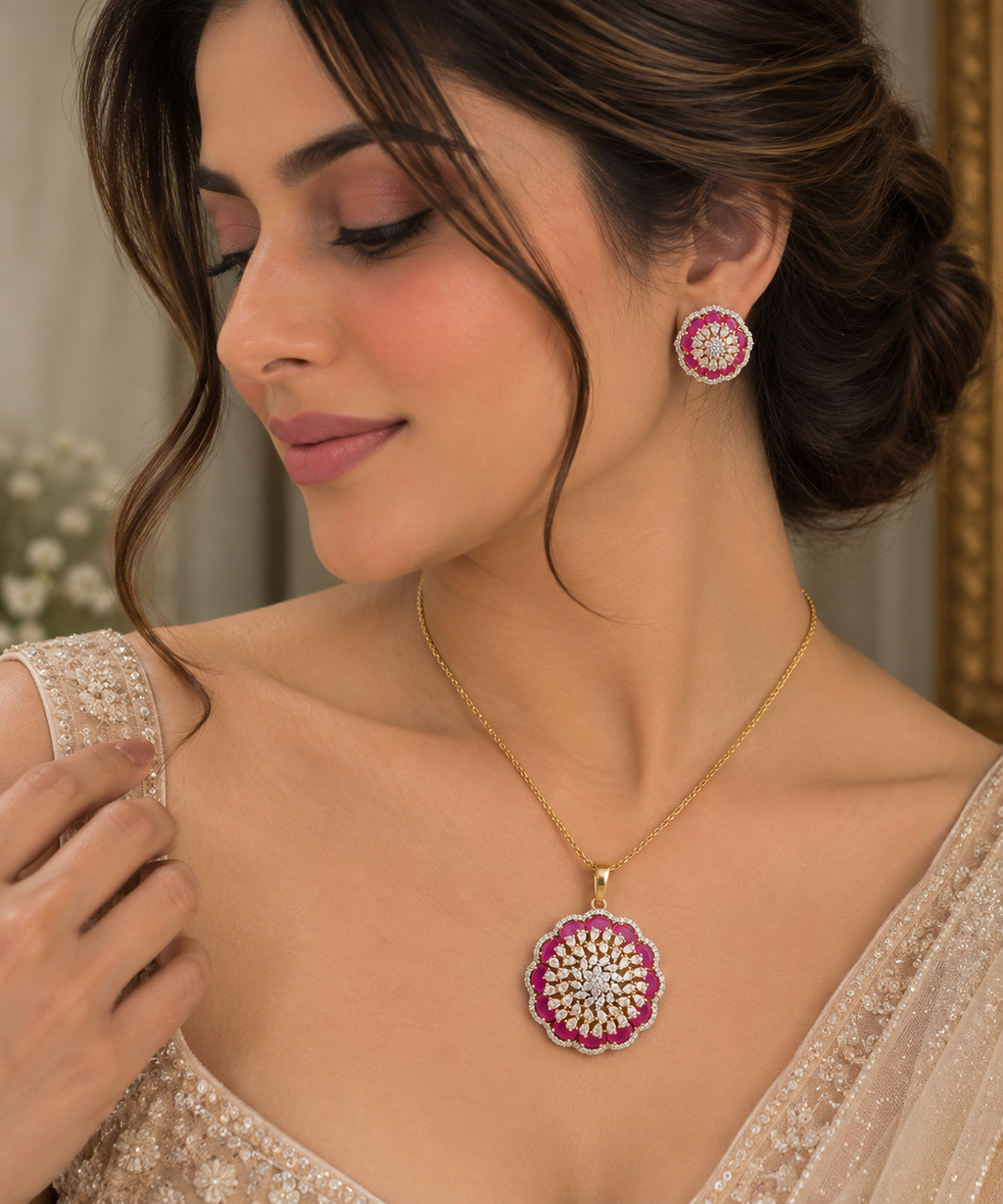 Avyra Ruby Bloom Pendant Set