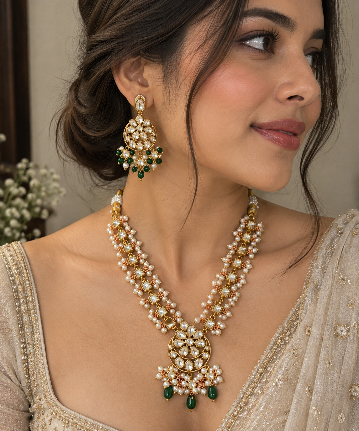 Aarshvi Emerald Kundan Necklace Set