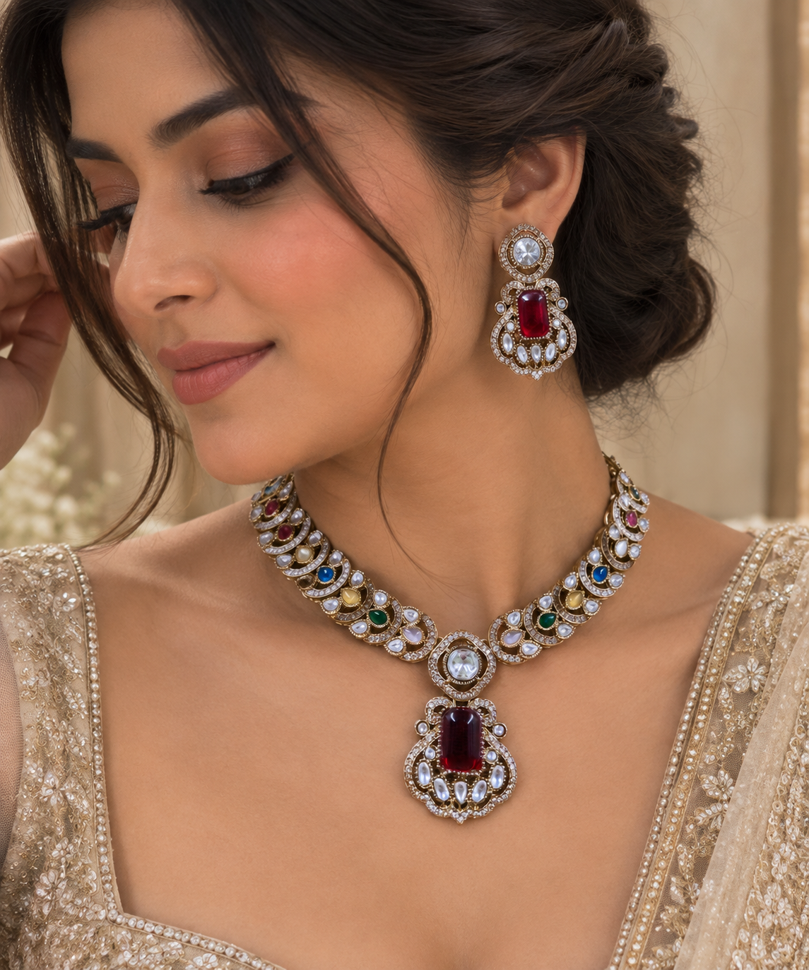 Viyana Ruby Navratan Necklace Set