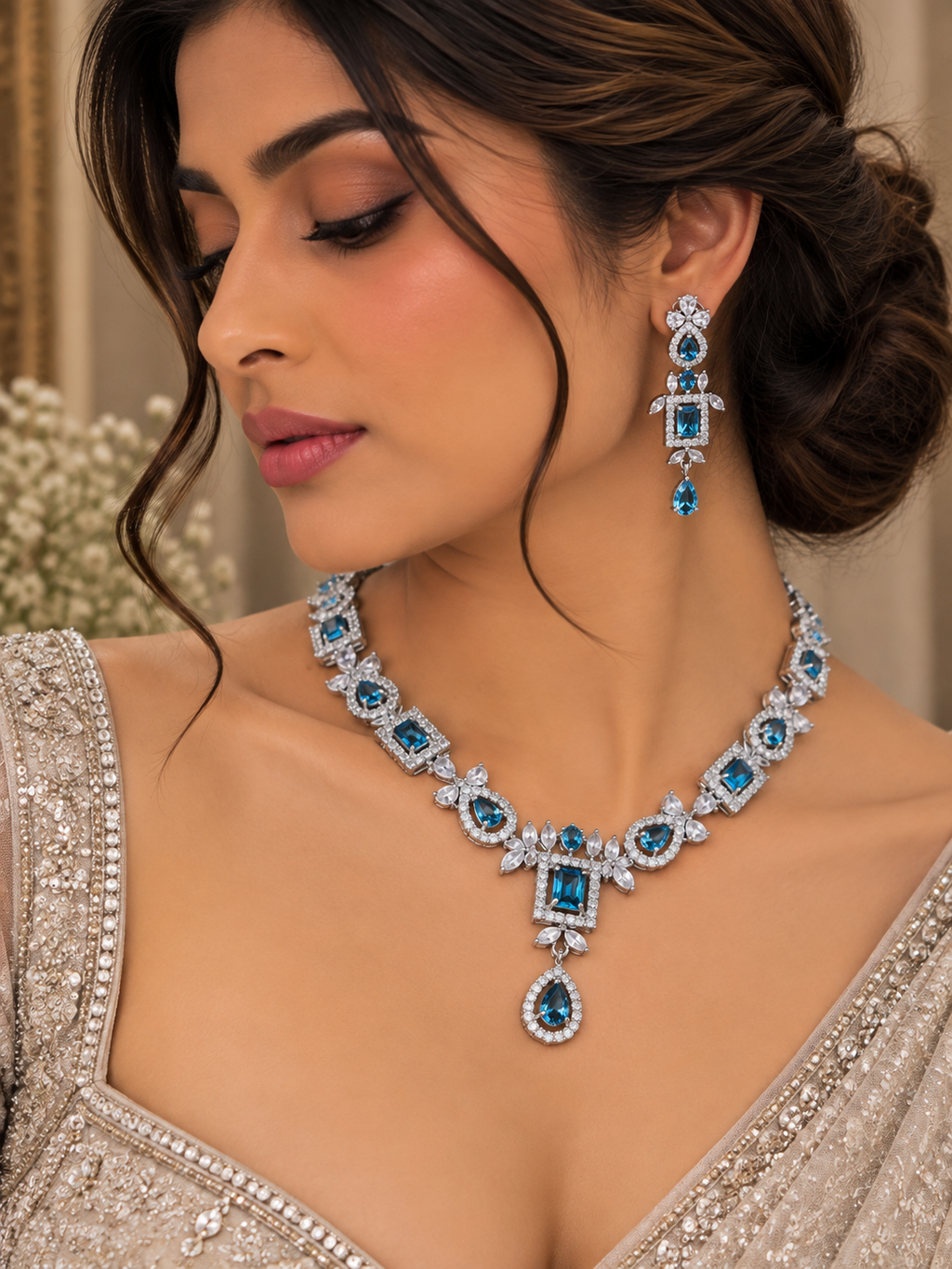 Zareli Blue Drop Necklace Set