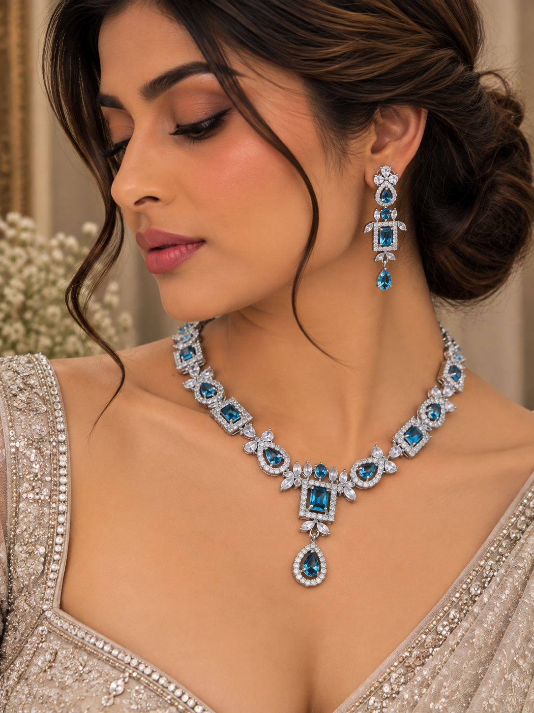 Zareli Blue Drop Necklace Set