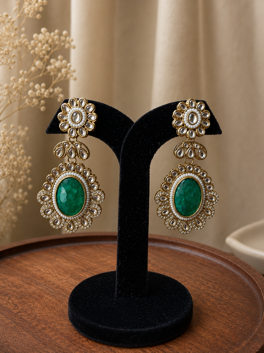 Zehvika Green Kundan Earrings