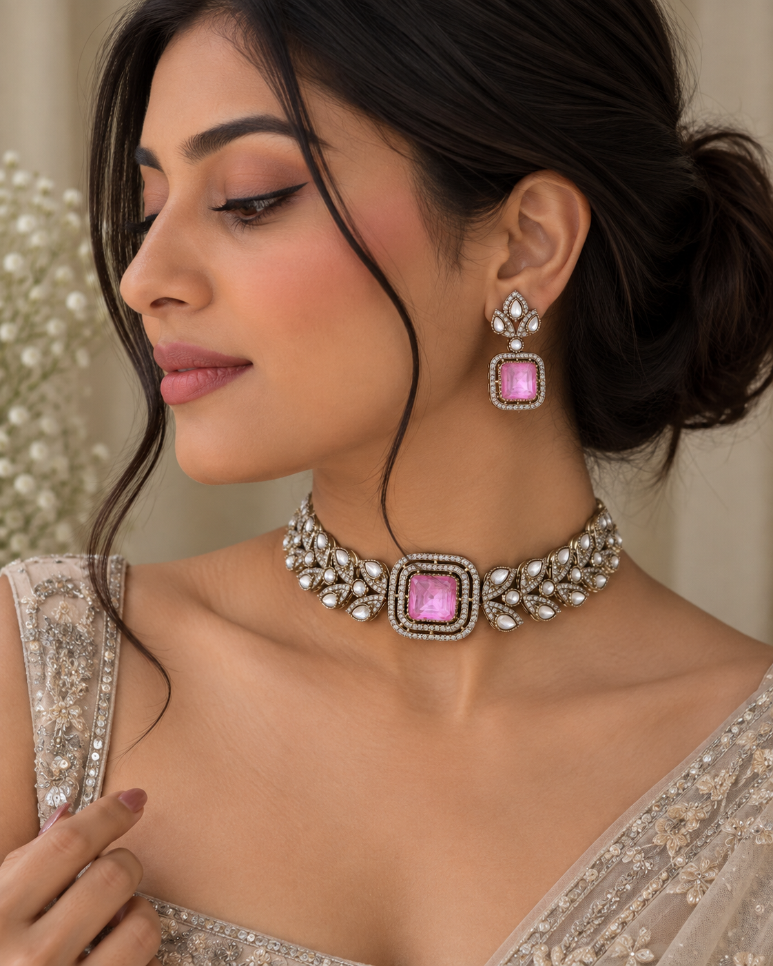 Aveline Pink Kundan Choker Set