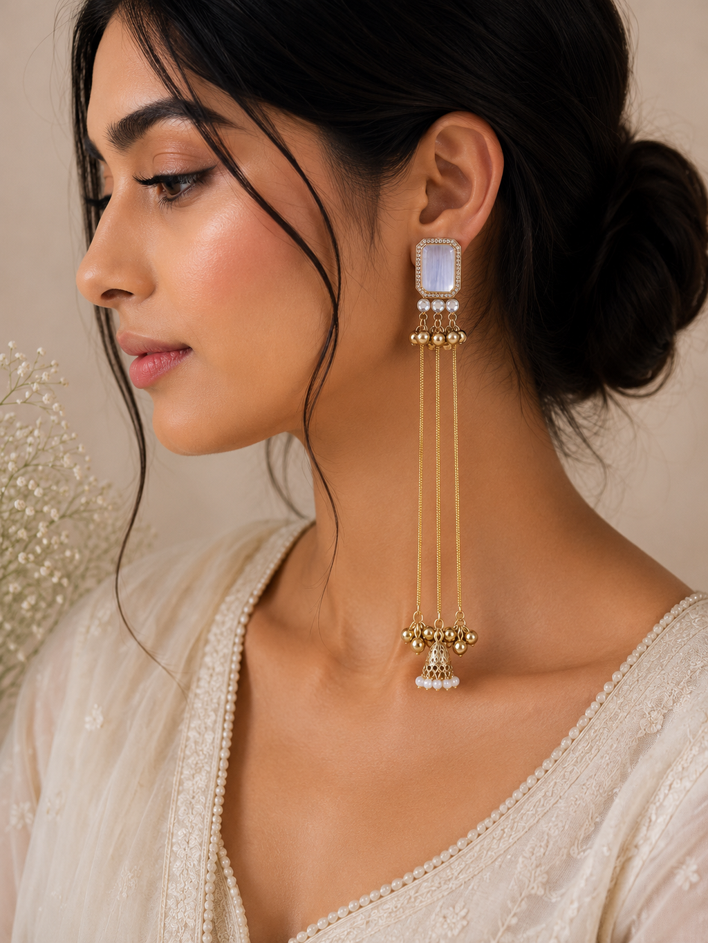 Sia White Kashmiri Earrings