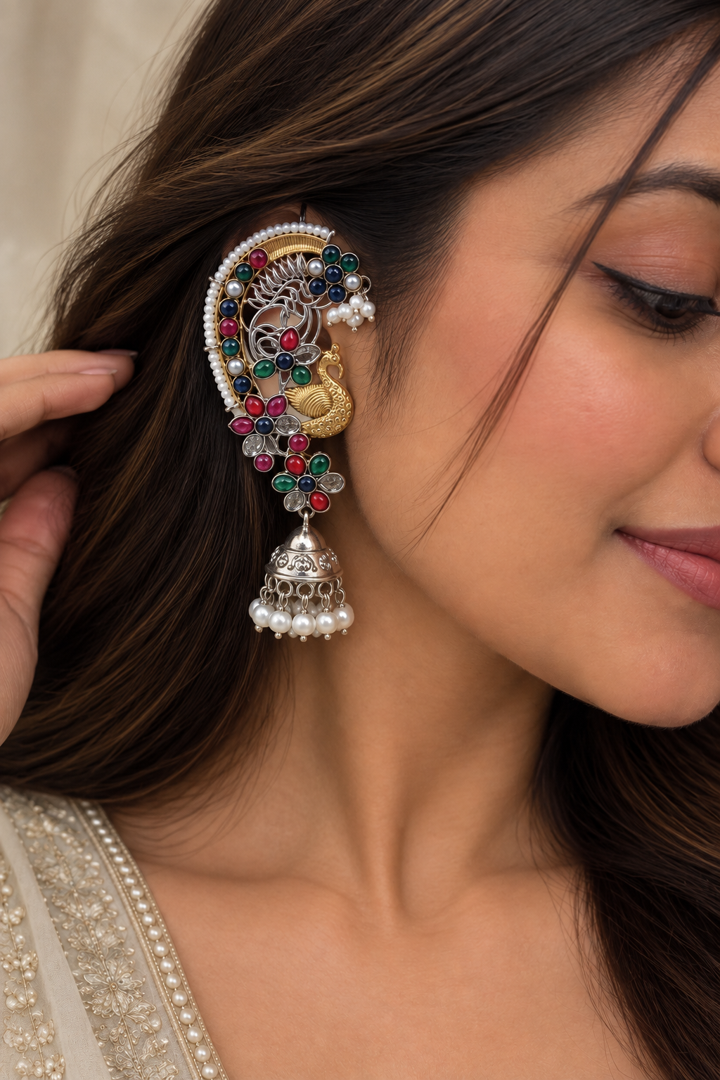 Rivanya Multicolour Peacock Ear Cuff Jhumkas