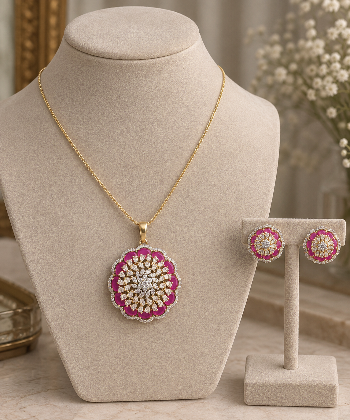 Avyra Ruby Bloom Pendant Set