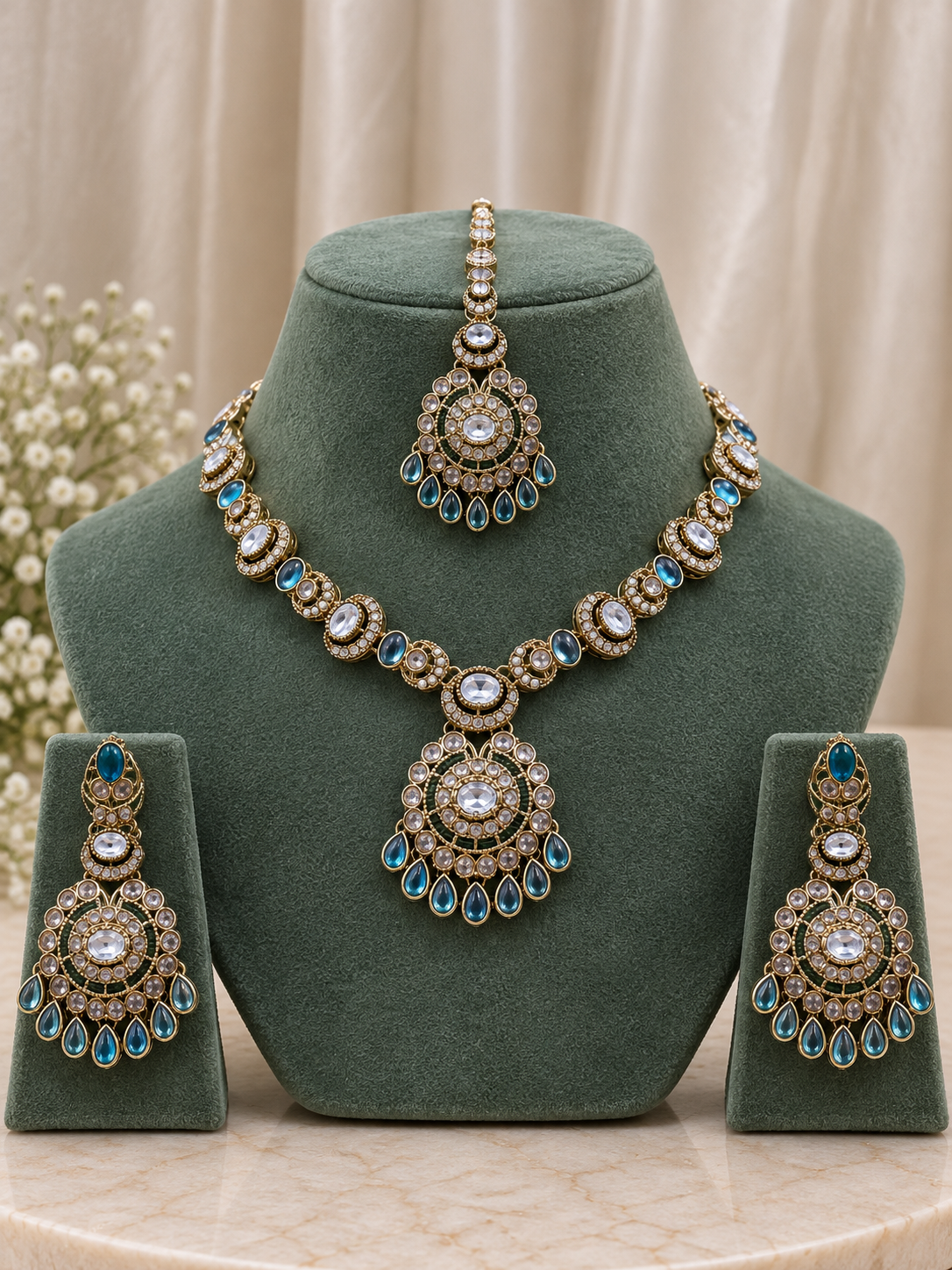 Tvesha Aqua Kundan Necklace Set
