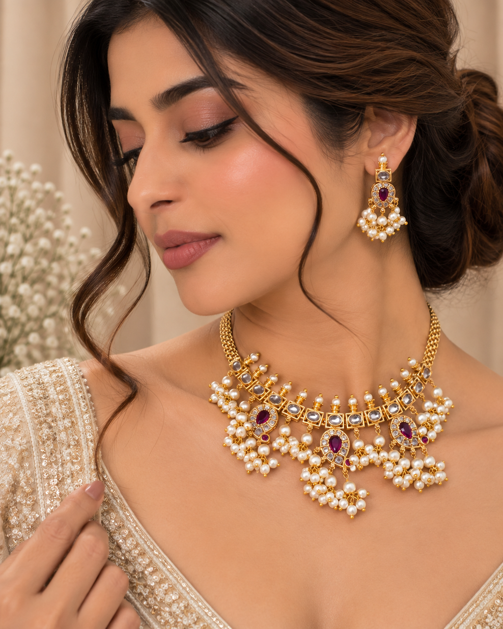 Zareen Pearl Kundan Necklace Set