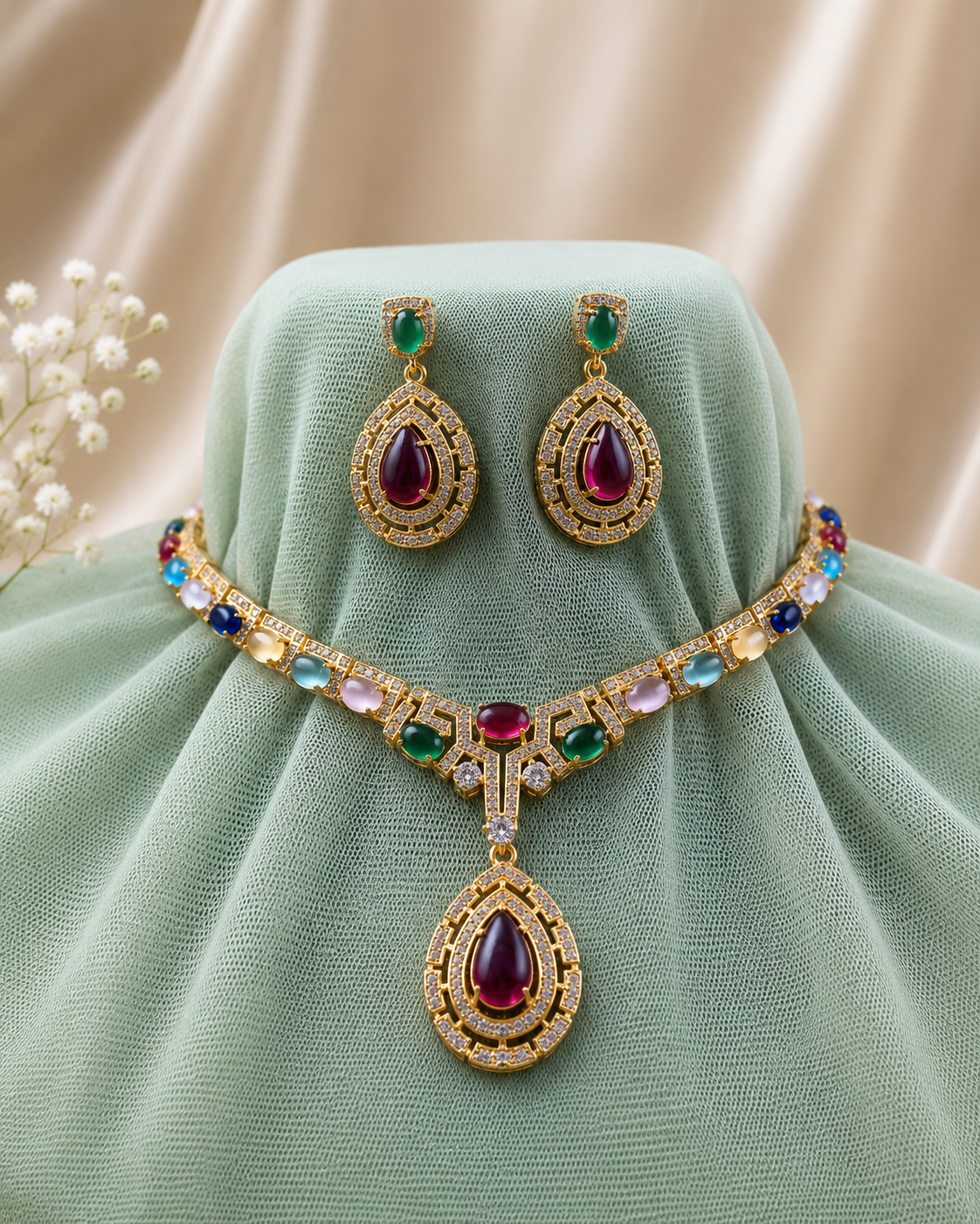 Navratna Teardrop Necklace Set