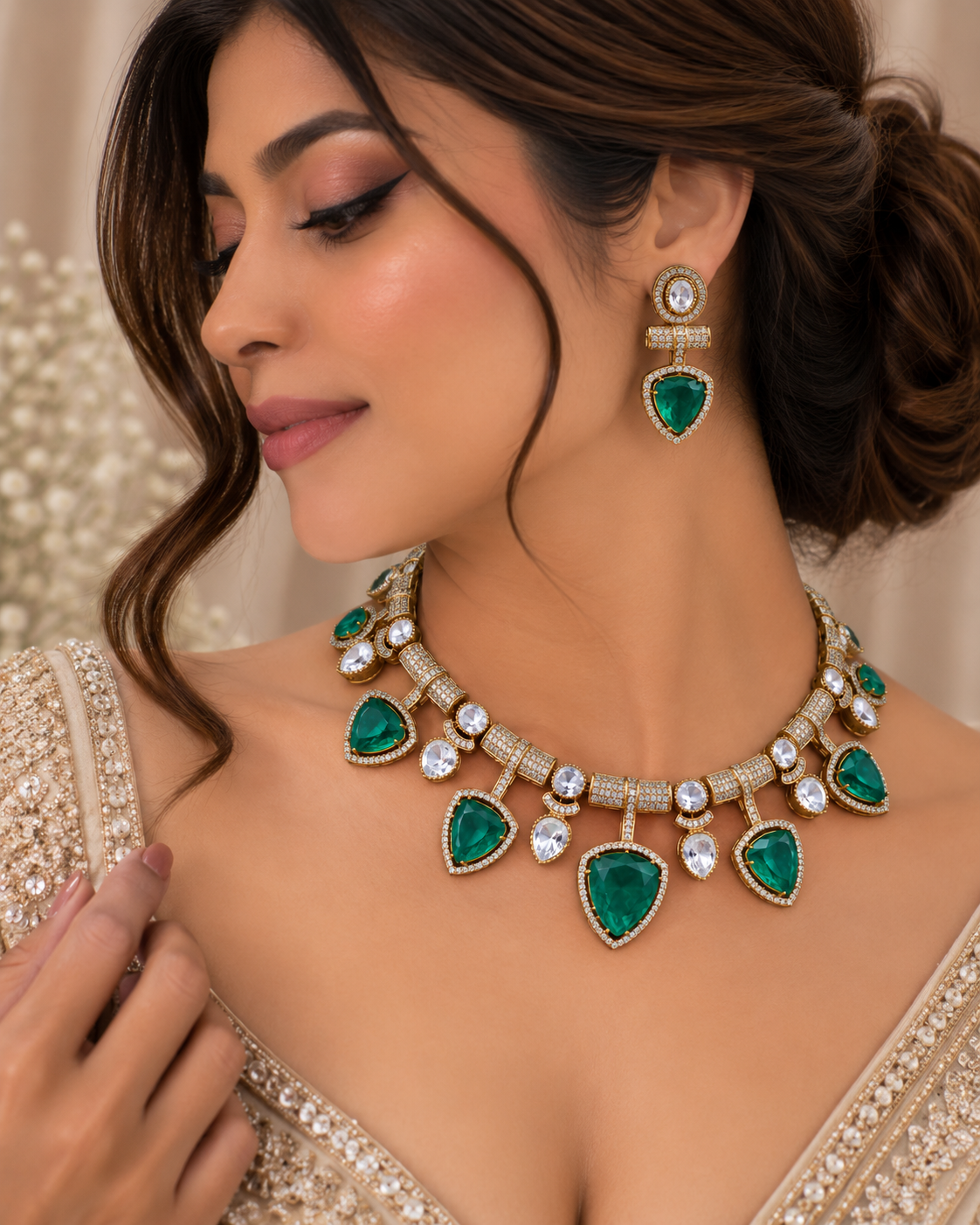 Riyana Emerald Drop Necklace Set