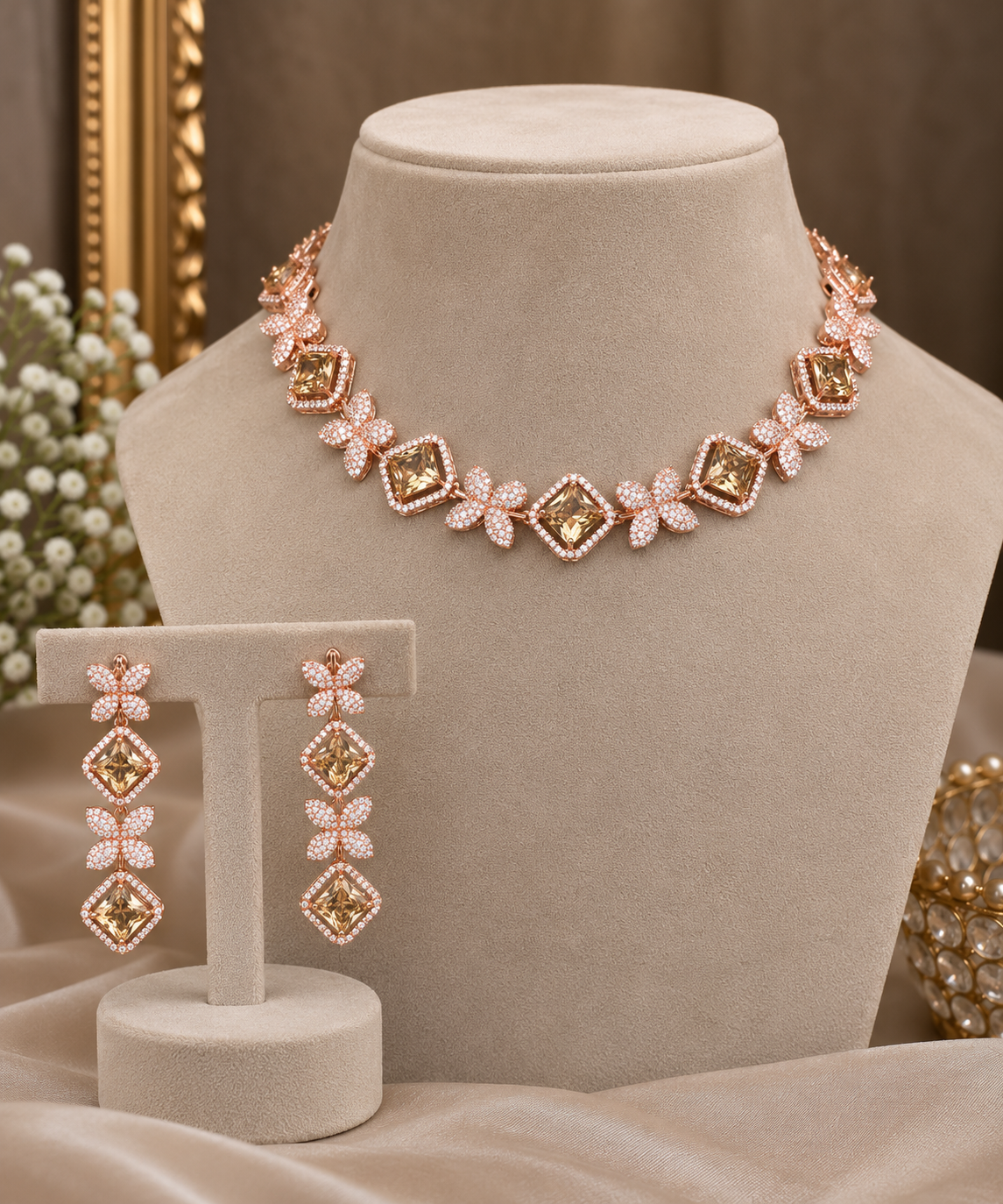 Tavira Yellow Rose Gold AD Necklace Set
