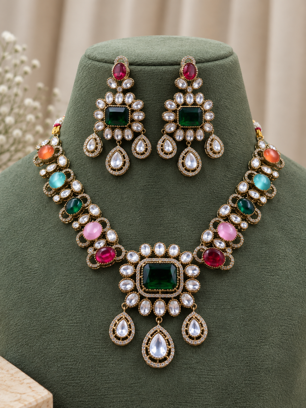 Rivanya Navratan Kundan Necklace Set