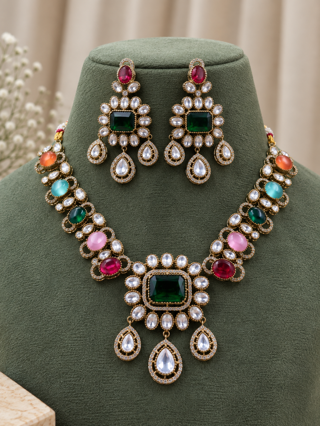Rivanya Navratan Kundan Necklace Set