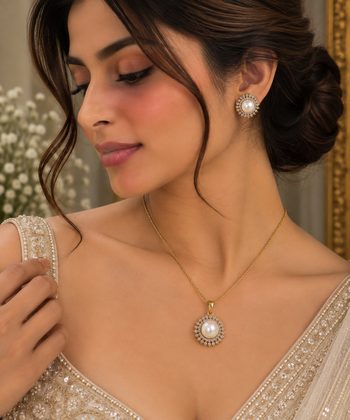 Siyana Pearl Halo Pendant Set