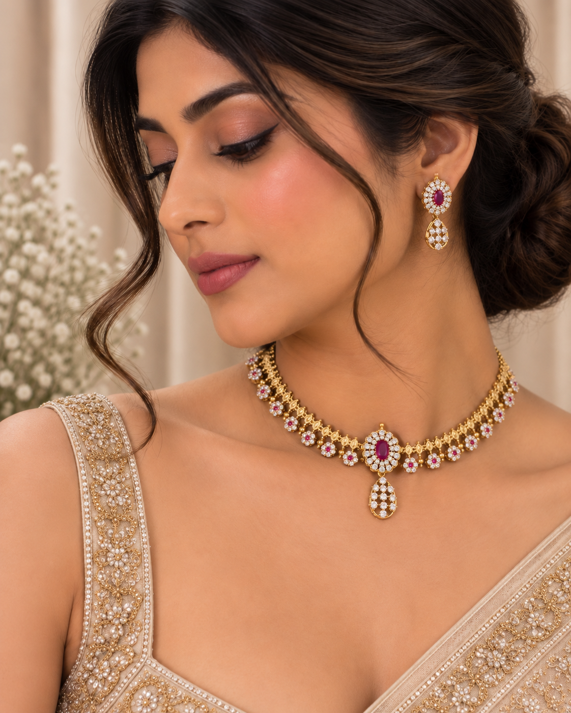 Riyana Ruby Drop Necklace Set