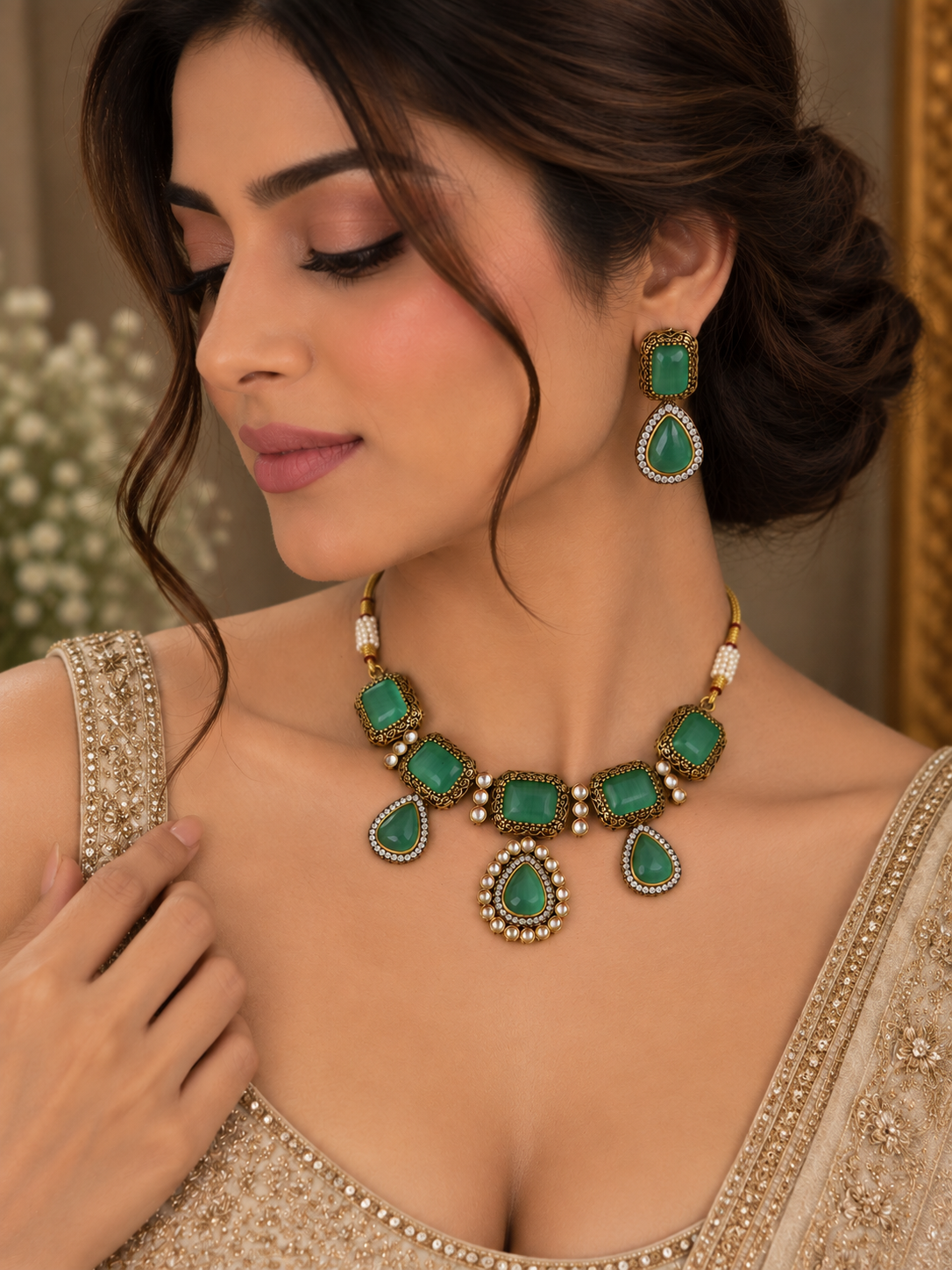 Eshvi Green Stone Necklace Set