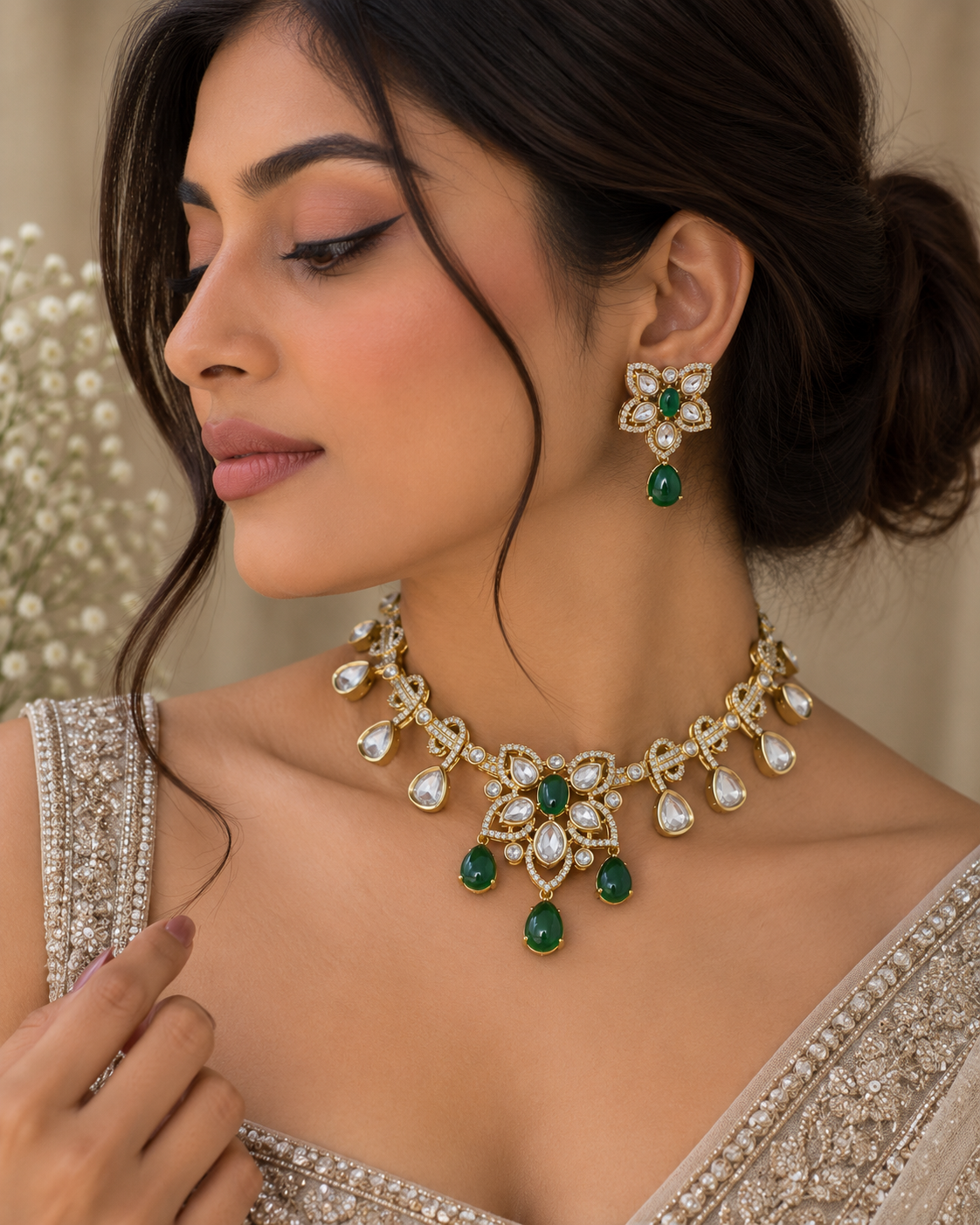 Vritika Emerald Kundan Necklace Set
