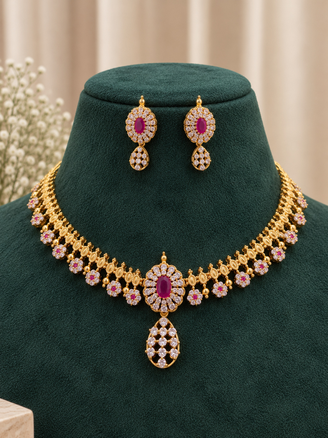 Riyana Ruby Drop Necklace Set