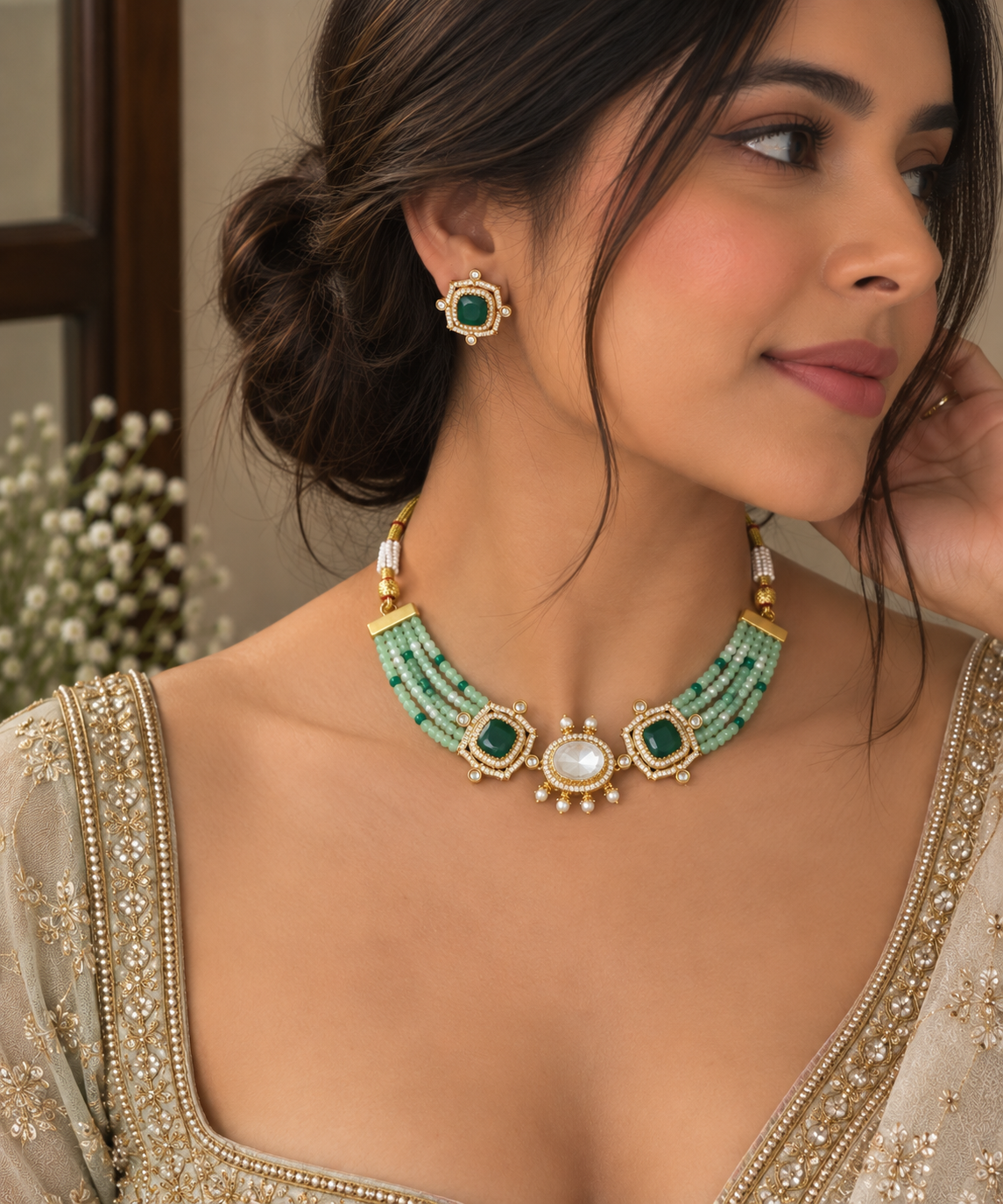 Meherza Mint Kundan Choker Set