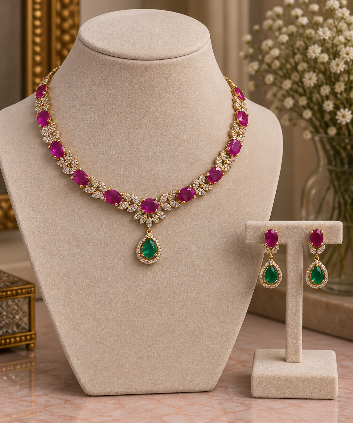 Ruvika Ruby Emerald Necklace Set