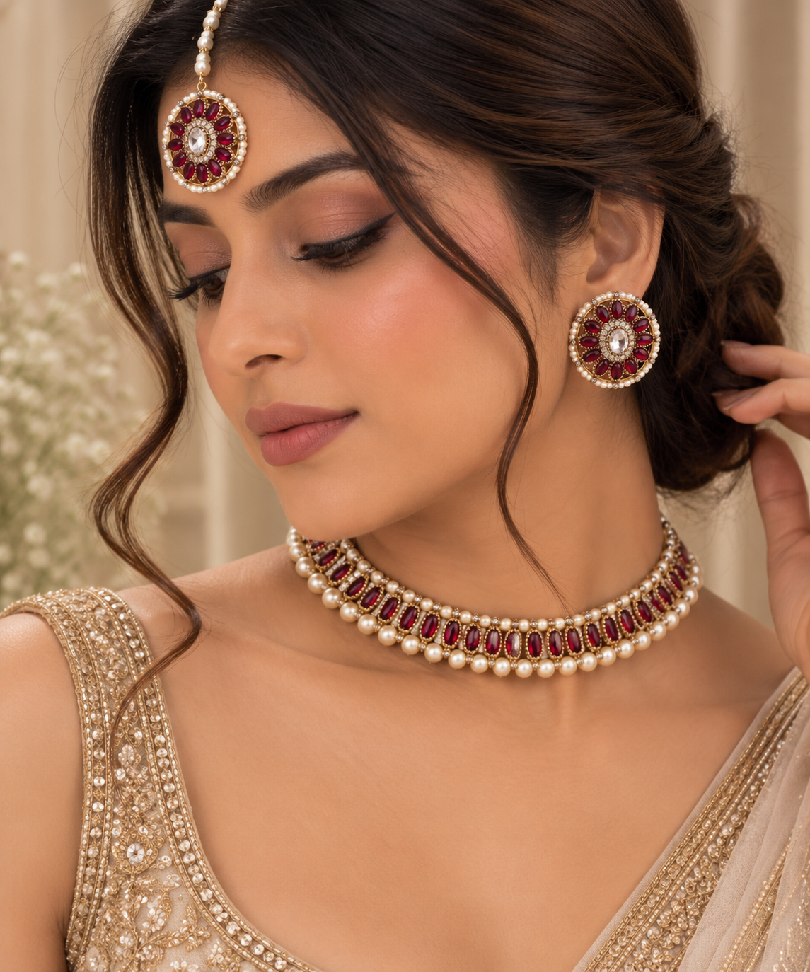 Rishika Ruby Pearl Choker Set
