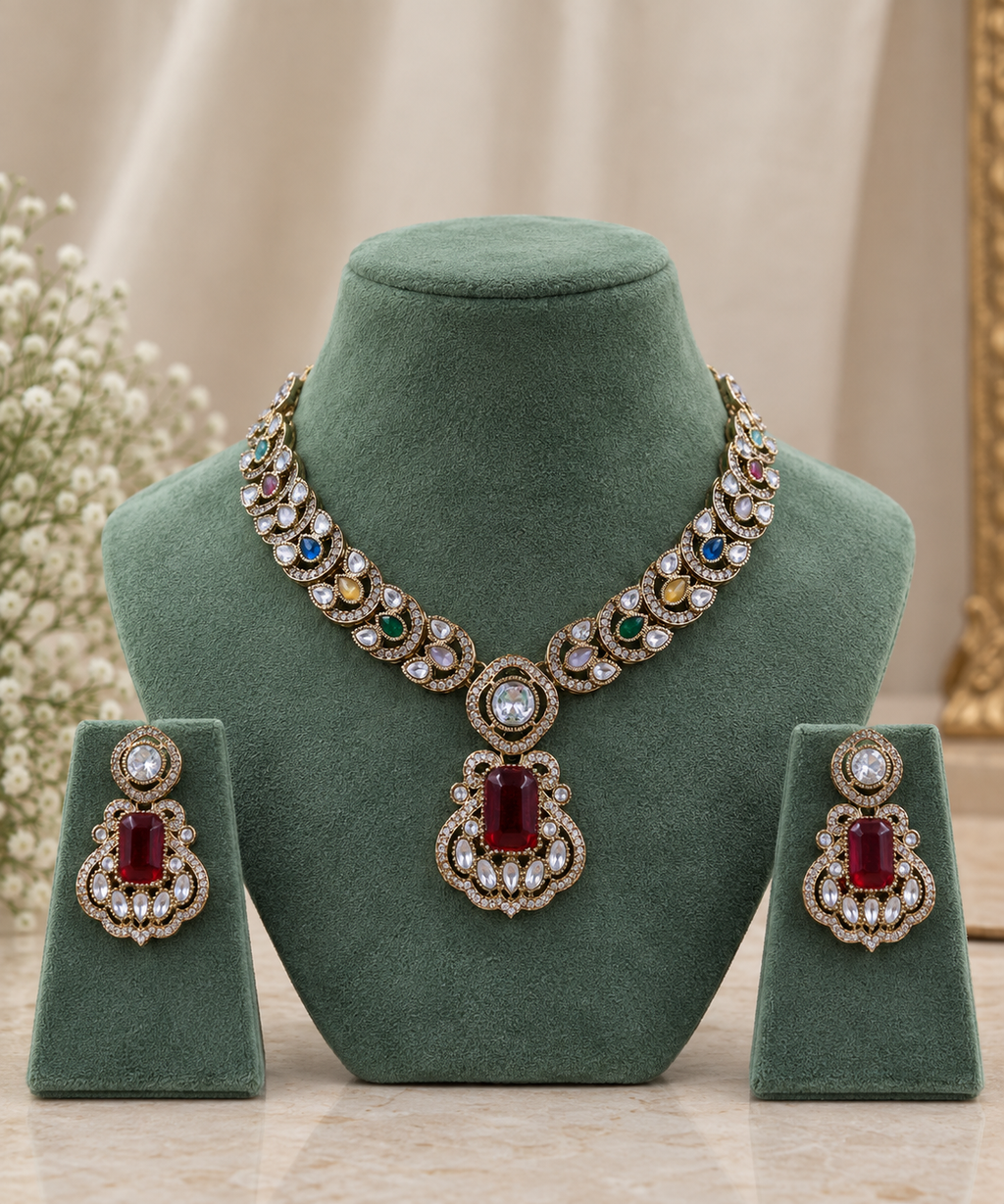 Viyana Ruby Navratan Necklace Set