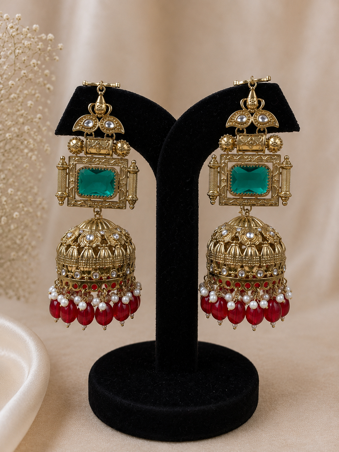 Raaya Emerald and Ruby Jhumkas