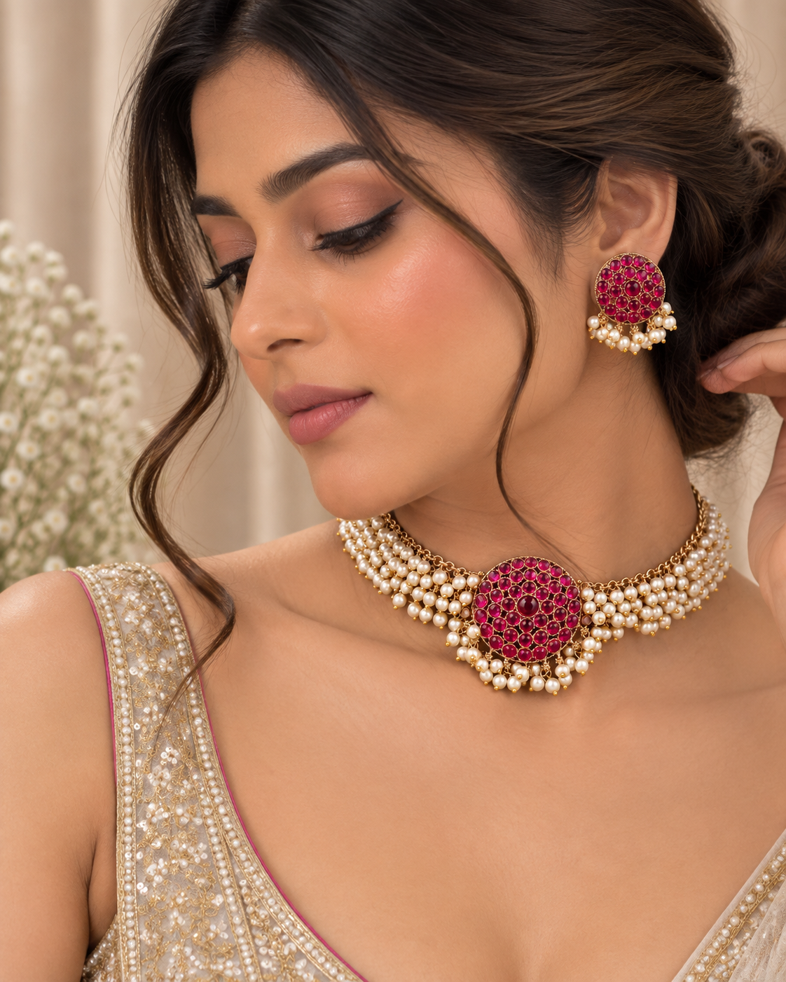 Ishani Ruby Pearl Choker Set
