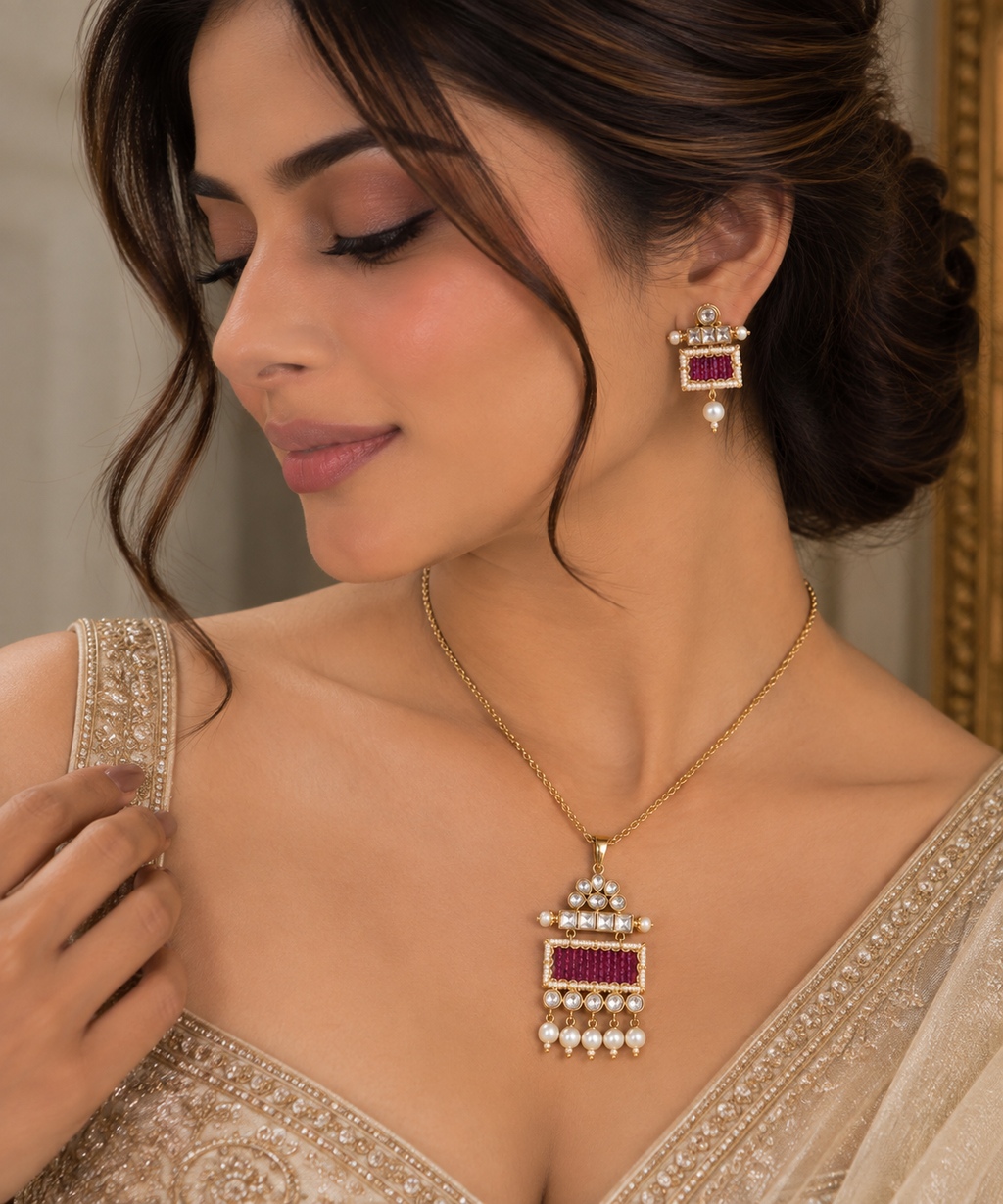 Mahira Ruby Pearl Pendant Set
