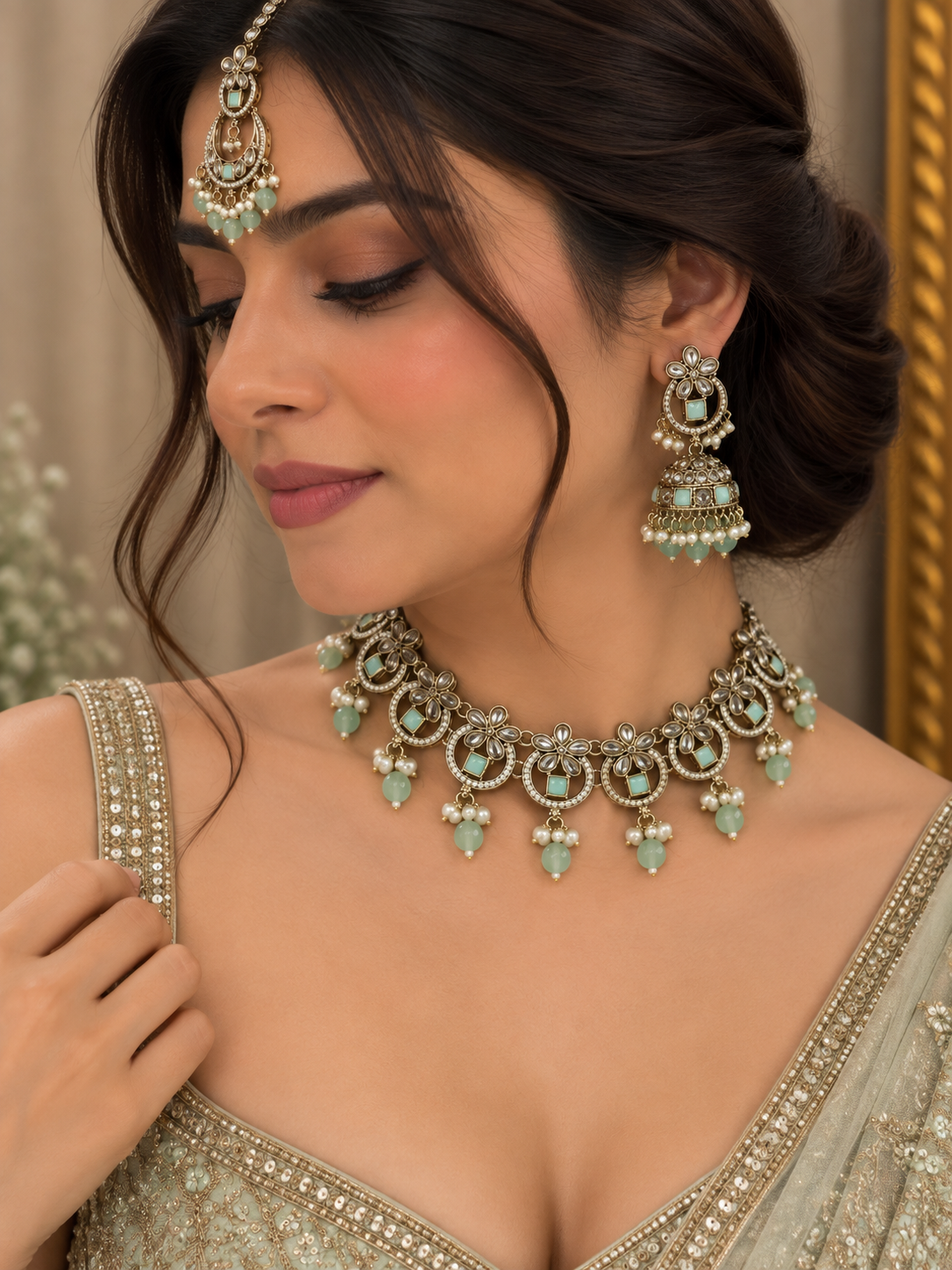 Reya Mint Jhumka Choker Set