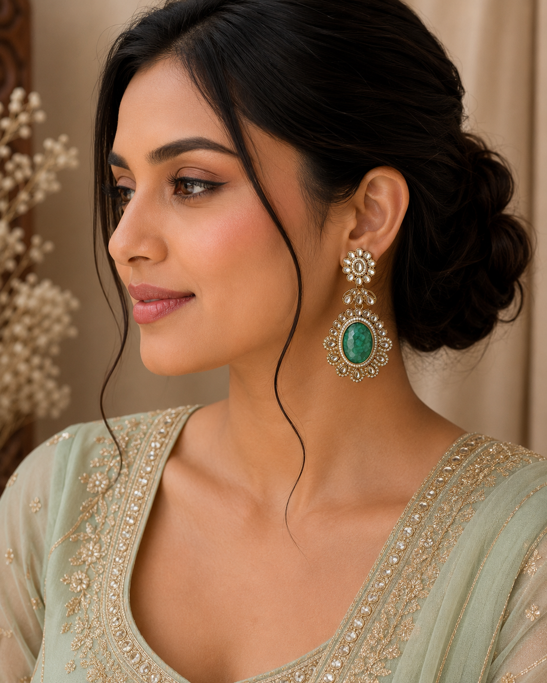 Zehvika Green Kundan Earrings
