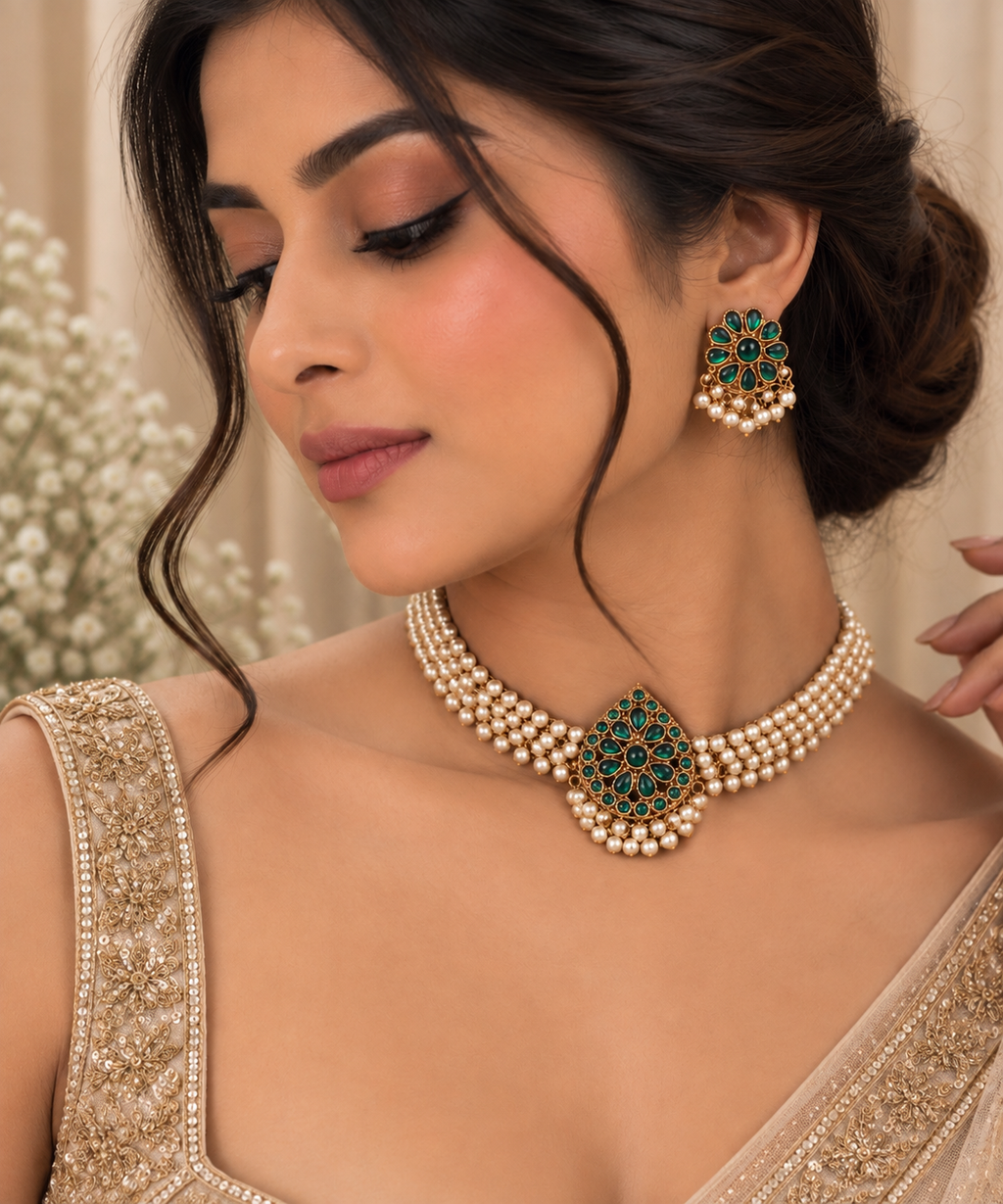 Vritika Emerald Pearl Choker Set